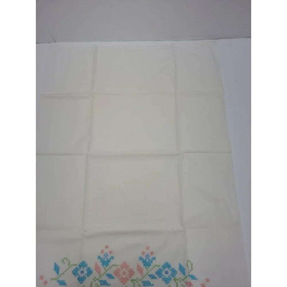 Vintage Handmade Cross Stitch Pillowcase Standard Size Floral Scalloped Edge